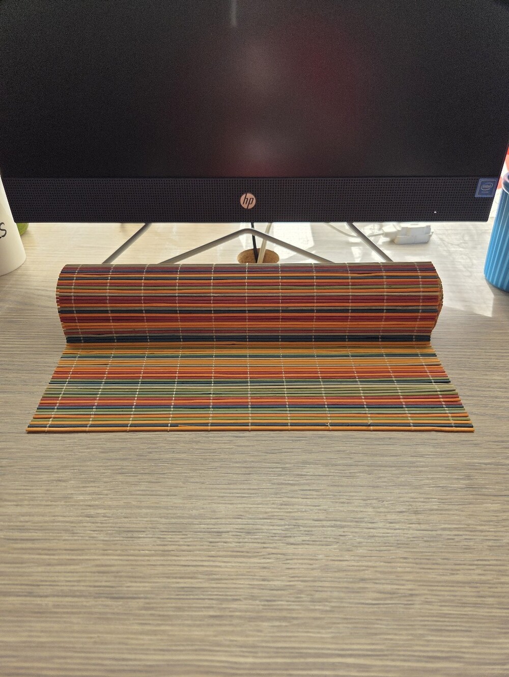 Vintage Multicolor Bamboo Reed Table Runner 13x70 Woven Roll Up Boho Tiki, EUC